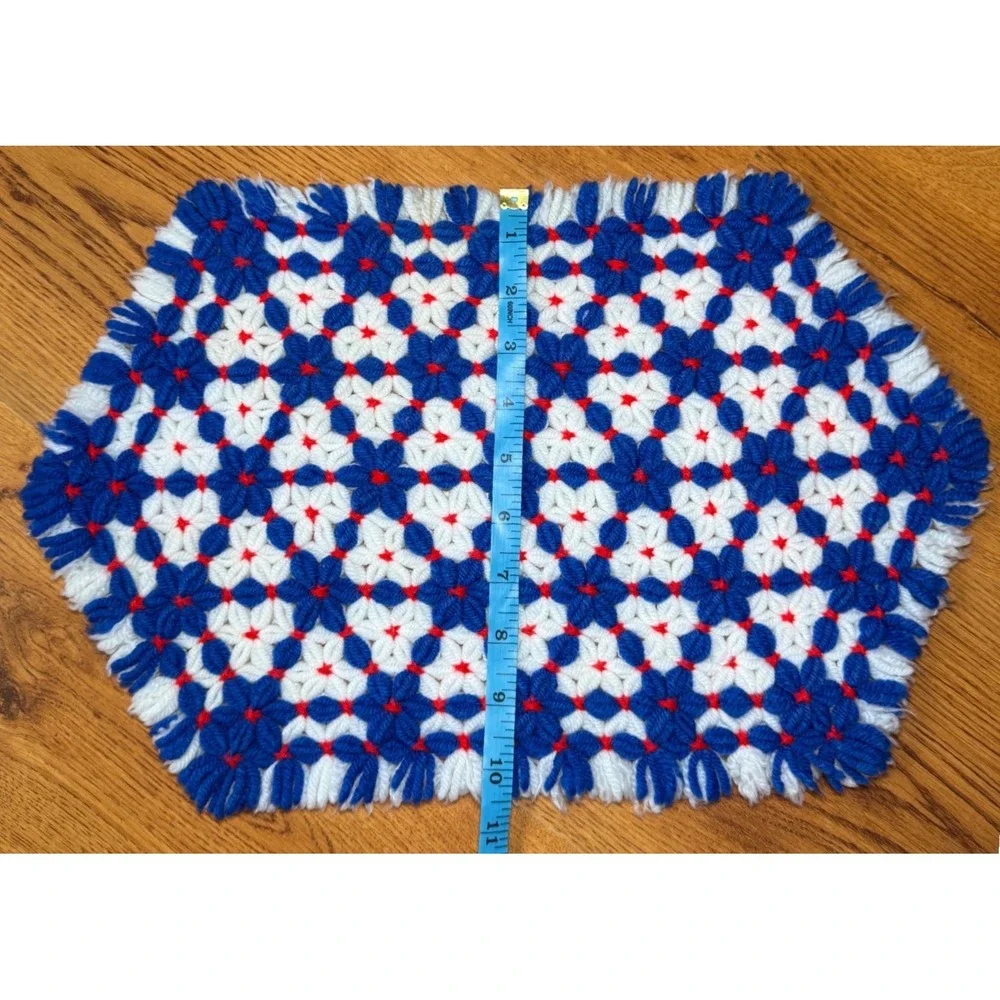 Vintage Handmade Crochet Loom Knit Placemats Blue Red White Geometric Patriotic